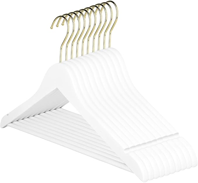Andaz Press Bridal Hangers, Premium White Wooden Hangers for Wedding Dress, Bridesmaid Dresses, & Clothes, Heavy Duty Hanger with 360° Gold Swivel Hook and Smoothly Cut Notches, 10 Pack
