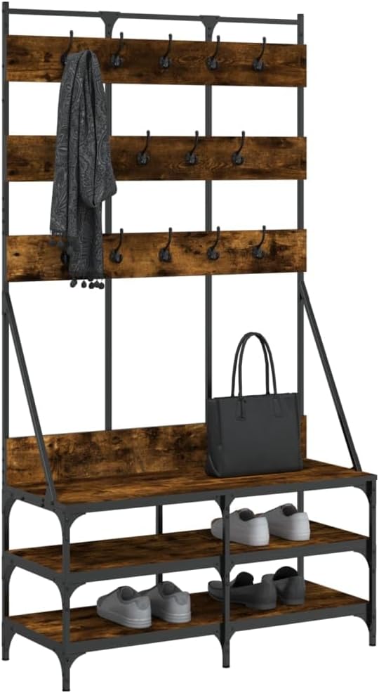 vidaXL Smoked Oak Clothes Rack with Shoe Storage - Compact, Modern Style, Engineered Wood and Metal, Organizational Furniture for Home