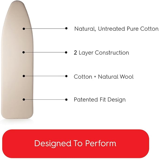 TIVIT Ironing Board Cover for Rowenta Pro Compact Ironing Board, 54x18, Ecotek Chemical Free Eco-Friendly Wool Padded Cover, Fastener Straps, Elastic Pull Bungee Cord, Made in Italy
