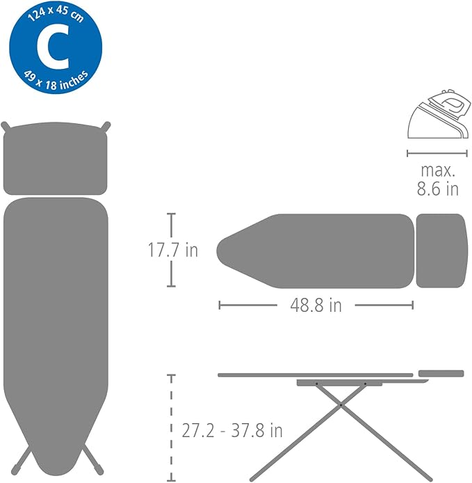 Brabantia - Ironing Board C - Extra Large Steam Unit Holder - Adjustable in Height - Non-Slip Rubber Feet - Cotton Cover with Foam Layer - Foldable XL Unit - Denim Gray - 49 x 18 inches