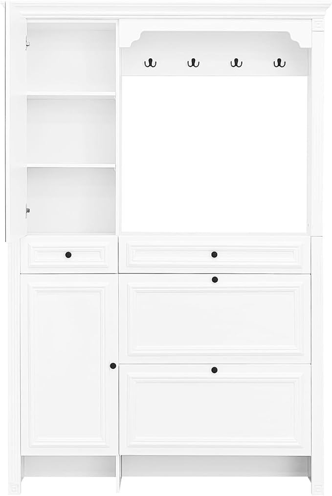 54.7'' Hall Tree with Integrated Shoe Cabinet and Mirrored Cabinet Door, 4-in-1 Design Entryway Coat Hanger with 2 Flip Drawers, 4 Hooks and 2 Cabinets for Entrance Living Room
