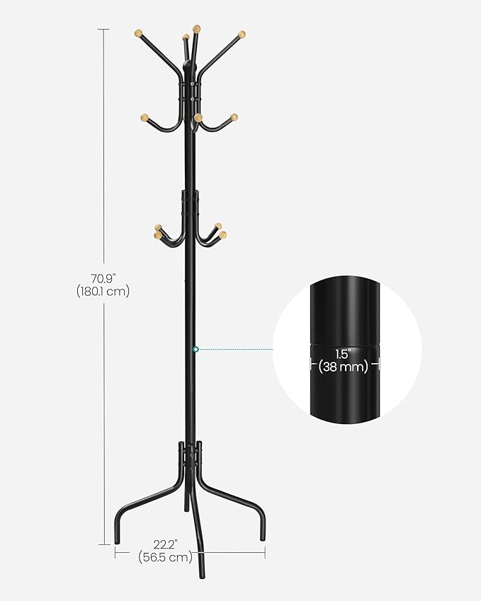 SONGMICS Coat Rack Freestanding, Metal Coat Rack Stand with 12 Hooks and 4 Legs, Holds Clothes, Hats, and Bags, for Entryway, Living Room, Bedroom, Black URCR031B01