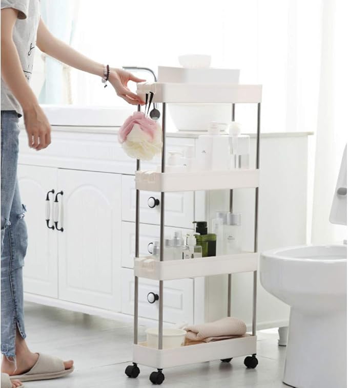 Modern Home 4-Tier Rolling Storage Cart with Bins – Slim Organizer for Bathroom, Kitchen, Laundry & Pantry – Mobile Utility Shelves with Wheels