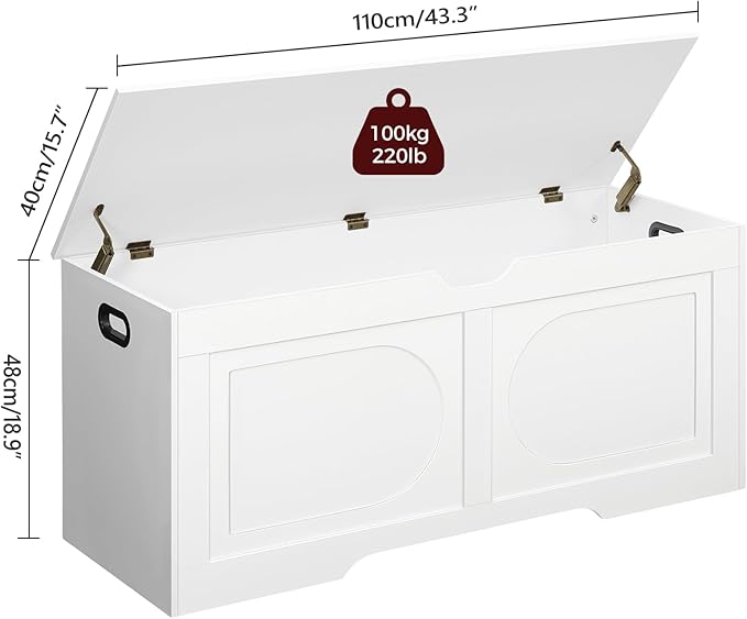 Storage Chest, 43.3” Toy Box, Entryway Storage Trunk, Shoe Bench with Storage, Engineered Wood Storage Cabinet with 2 Safety Hinges, Entrance Bench for Living Room, White SCWT2101