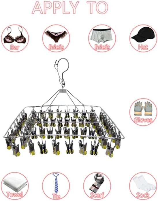 Quick Release Stainless Steel Laundry Drying Rack with Clips, Swivel Hook Wind-Proof Clothes Hanger Rack for Sock, Bras, Underwear, Laundry (Rectangle 60 Clips)
