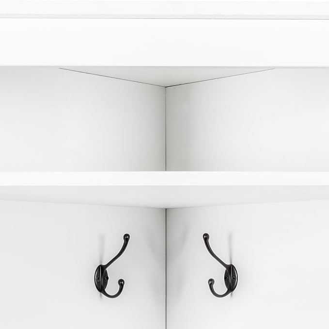 LUMISOL Modern Corner Hall Tree with Shoe Bench for Entryway, Mudroom Coat Rack with 4 Hooks, Corner Cabinet with Adjustable Shelf for Living Room Hallway, White
