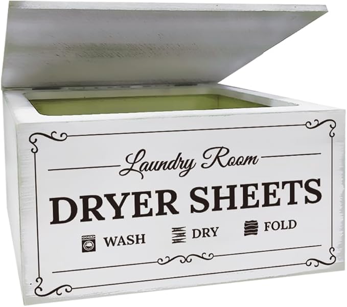 SUPERDANT Dryer Sheet Holder with Hinged Lid Laundry Room Decor Fabric Softener Dispenser Space Saving for Organization Wooden Dryer Sheet Dispenser Container