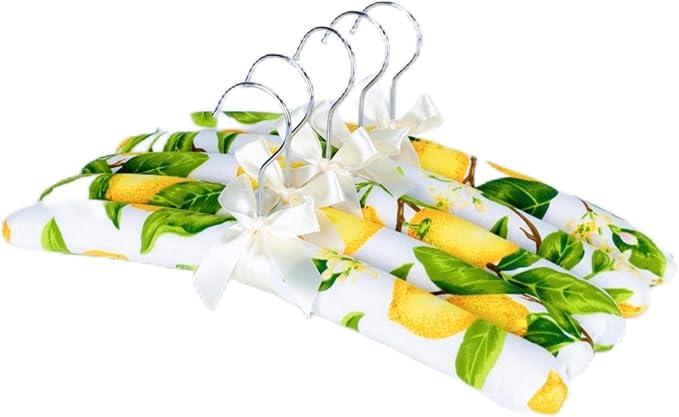 Anti-Slip Satin Padded Clothes Hangers with Rotatable Hooks No Shoulder Bump for Women Heavy Sweaters, Coats, Suits, Floral Pattern with Satin Bow, 360° Swivel Hook, Set of 5 (Lemon)