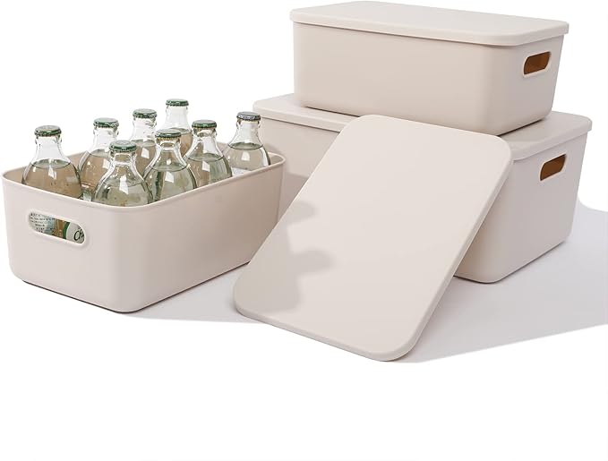 Plastic Storage Baskets With Lid Organizing Container Lidded Knit Storage Organizer Bins for Shelves Drawers Desktop Closet Playroom Classroom Office (M+2S, Light grey)