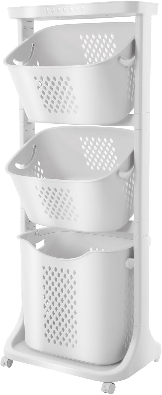 3 Tier Laundry Basket, Rolling Laundry Hamper Cart with Wheels Removable Laundry Basket Porous Design Portable Rolling Cart for Bathrooms Laundry Rooms Bedrooms Living Rooms