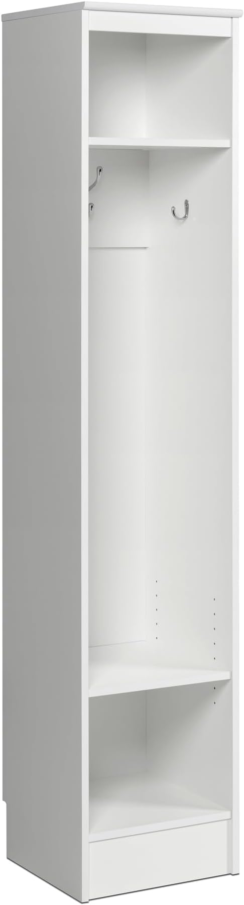 Prepac Narrow Coat Rack Freestanding Hall Tree with 3 Hooks, Entryway Furniture for Coat and Shoe Storage, Entryway Organization with an Adjustable Shelf, 14.75"W x 72.5"H x 15.5"D, White