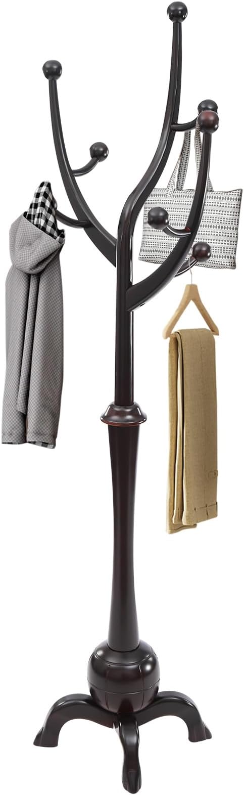 Coat Tree Freestanding Wood Tree Rack, Heavy Duty Creative Design Tree Branch-look Coat Rack Stand with 8 Hooks and Stable Sphere Base for Entryway, Hallway, Bedroom-Load 110lbs (Black and red)
