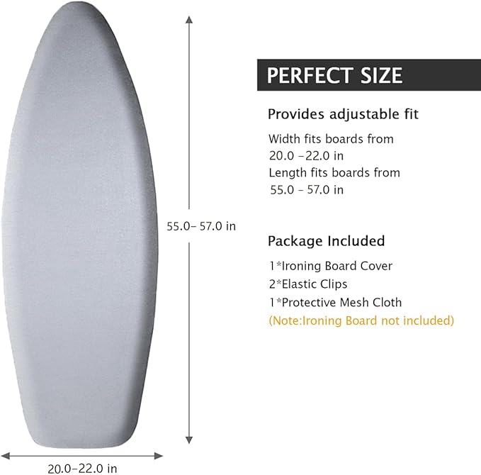 SheeChung Ironing Board Cover and Pad 22“x57”,Thick Iron Board Cover with Padding,Heat Reflective and Scorch Resistant,Wide Ironing Board Cover with Adjustable Fasteners and Velcro,Silver Grey