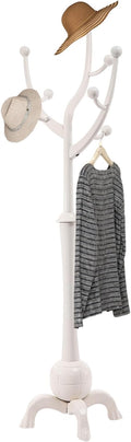 Coat Tree Freestanding Wood Tree Rack, Heavy Duty Creative Design Tree Branch-look Coat Rack Stand with 8 Hooks and Stable Sphere Base for Entryway, Hallway, Bedroom-Load 110lbs (White)