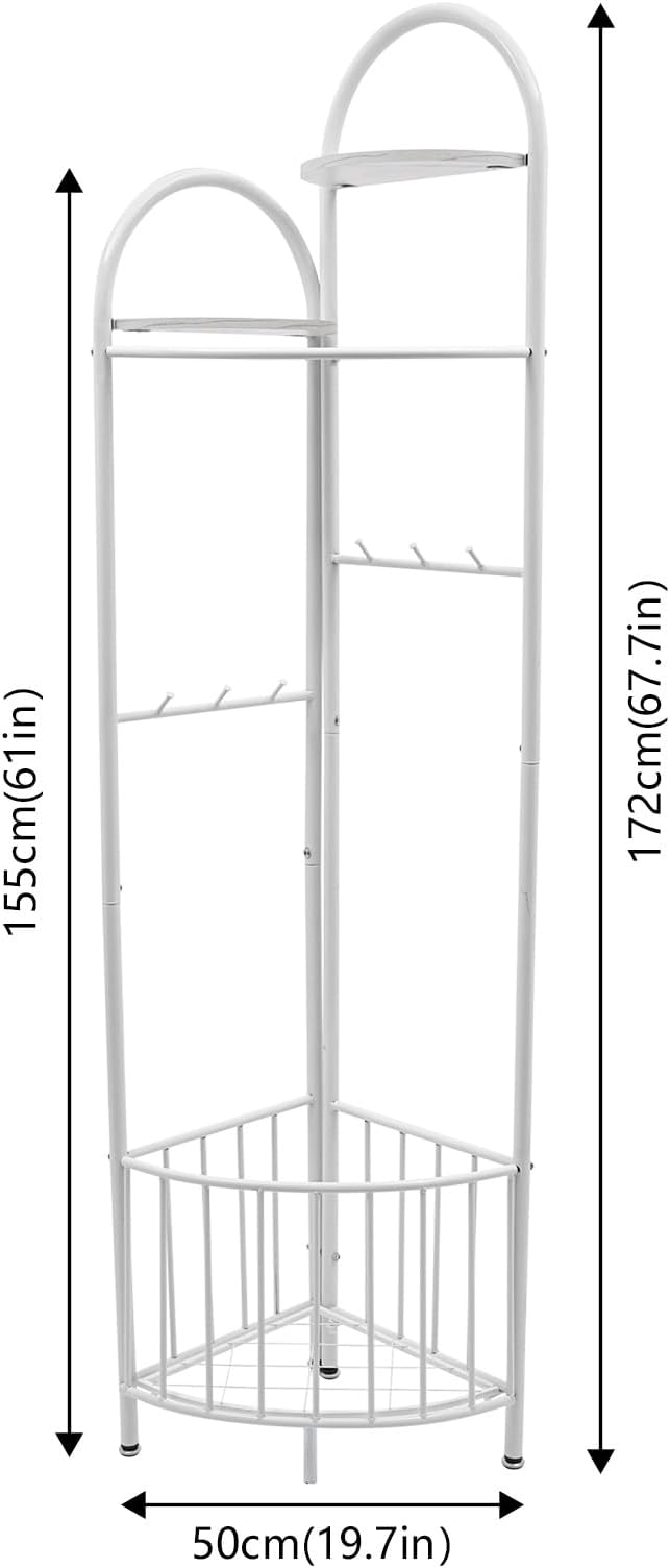 Corner Hall Tree, Corner Coat Rack with Storage Basket, Entryway Clothing Rack for Living Room Bathroom and Clothing Store, 6 Hooks and 2 Partitions, 90-Degree Corner Design (White)