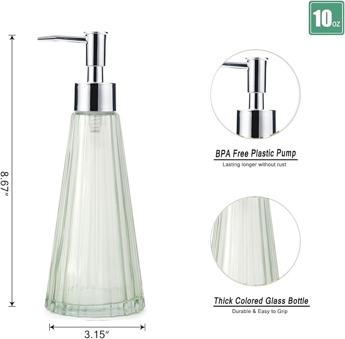 10oz/300ml Hand Soap Dispenser Bathroom, Kitchen Soap Dispenser, Glass Soap Dispenser with Silver Rust Proof Pump, Liquid Soap Dispenser with Elegant and Beautiful Color(green)