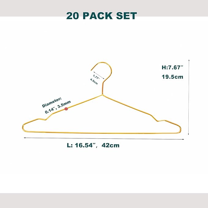 20 Pack Gold Metal Suit Hanger Wire Hanger Space Saving Clothes Hanger for Dress, Shirts, Slacks,Jackets, Pants