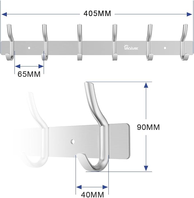 Wall Mounted 16 inch Coat Hanger Rack 6 Hooks Aluminum Alloy Silver for Kithchen Bathroom