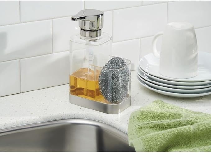 mDesign Modern Plastic Kitchen Sink Countertop Liquid Hand Soap Dispenser Pump Bottle Caddy with Storage Compartment - Holds and Stores Sponges, Scrubbers and Brushes - Clear/Brushed