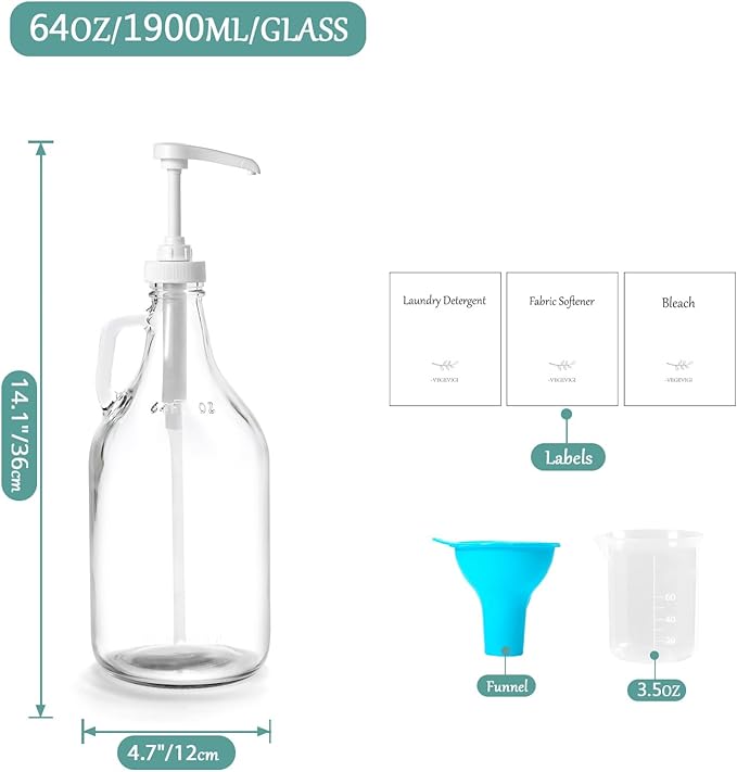 64 OZ Laundry Detergent Dispenser by VEGEVIGI, Glass,Glass Liquid Laundry Soap Dispenser with Pump, Bleach and Fabric Softener Dispenser for Laundry Room, 1P