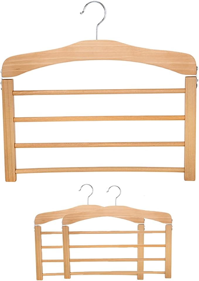 Wooden Pant Hanger Space Saving - 4 Tier Closet Storage Hanger Organizer for Jeans Legging Scarves Pants Towels, 3 Packs, Wood
