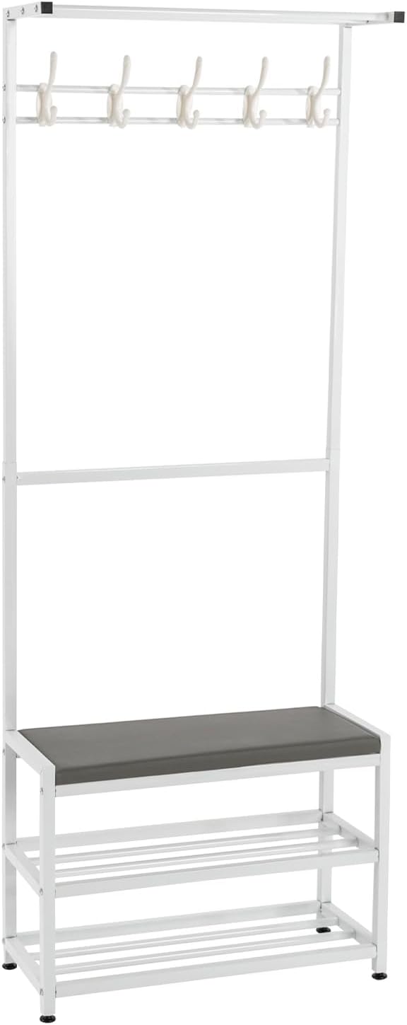 Coat Rack Shoe Bench, 23.62"x62.99" Entryway Stool with Coat Rack, Coat Rack Shoe Stool 3-in-1 with Stool and Shoe Storage, 5 Flexible Hooks, PU Cushion (White)
