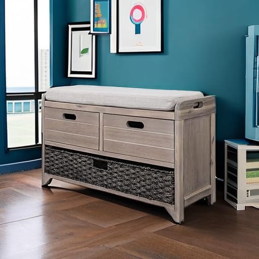 SOFTSEA Storage Bench for Entryway, Upholstered Storage Ottoman with Removable Basket and 2 Drawers, Farmhouse Shoe Bench with Seat Cushion for Entryway, Living Room, Full Assembled, White Wash