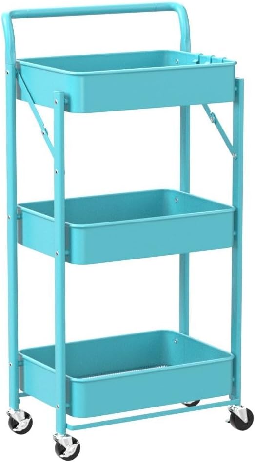 Foldable Utility Rolling Cart with Wheels No Assembly 3 Tier Metal Rolling Cart with Cup and Hooks Heavy Duty Mesh Storage Baskets Rack Folding Shelves for Kitchen,Office,Classroom, Bathroom(Teal)
