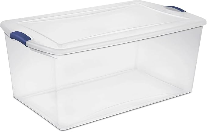 105 Qt. Latch Box Plastic Storage Bin Tote Organizing Container With Durable Lid, Stackable and Nestable Snap Lid Plastic Storage Bin, 1 Pack, Clear With Blue Buckle