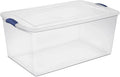 105 Qt. Latch Box Plastic Storage Bin Tote Organizing Container With Durable Lid, Stackable and Nestable Snap Lid Plastic Storage Bin, 1 Pack, Clear With Blue Buckle