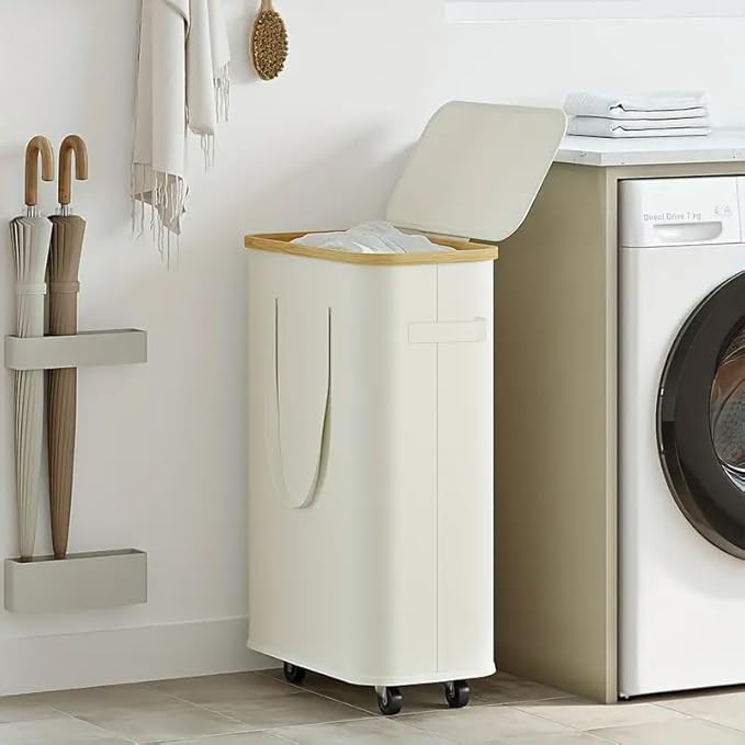 Large Laundry Hamper with Wheels, 60L Rolling Laundry Basket with Lid & Handle, Heavy-Duty Mobile Clothes Hamper, Slim Rolling Design with Removable Bag (white)