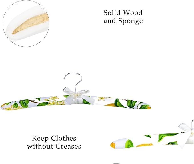 Anti-Slip Satin Padded Clothes Hangers with Rotatable Hooks No Shoulder Bump for Women Heavy Sweaters, Coats, Suits, Floral Pattern with Satin Bow, 360° Swivel Hook, Set of 5 (Lemon)