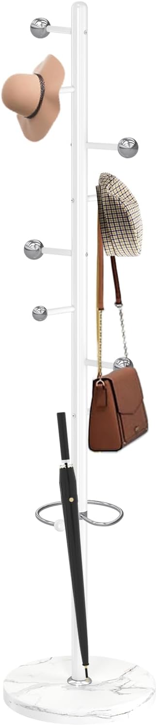 Modern Metal Coat Rack Stand, Coat Rack Freestanding with Natural Marble Base,Sturdy Heavy Duty Coat Racks with 8 Hooks, White Coat Hall Tree Stand for Entryway, Office