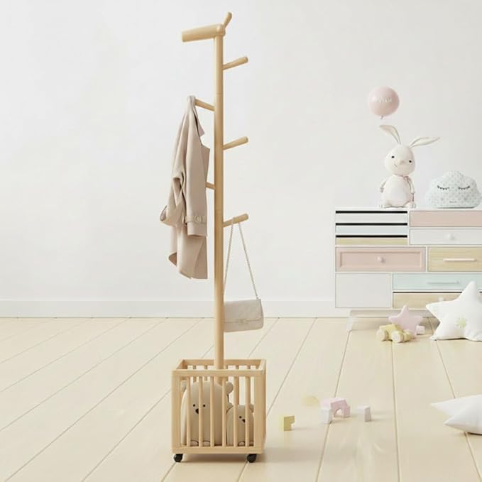 AQIMUELE Kids Coat Rack,Solid Wood Coat Rack with 6 Hook for Bedrooms,Kids clothing rack(Natural)