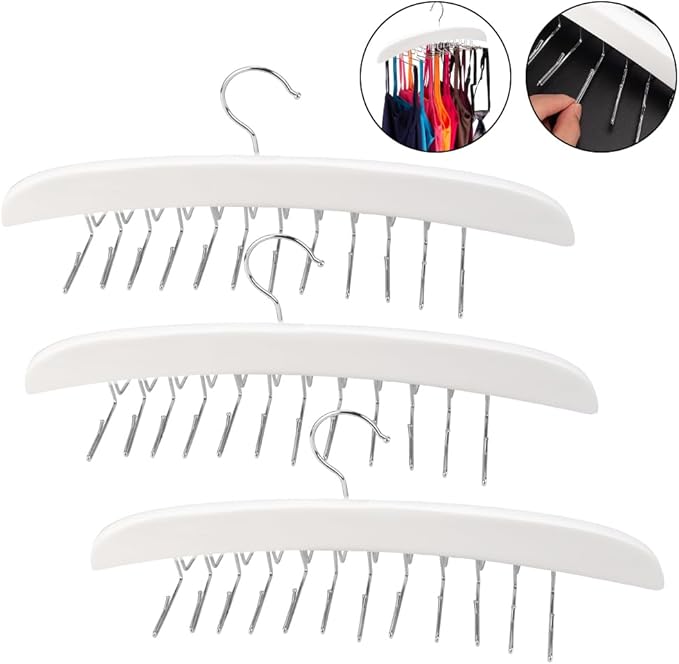3 Pack Tank Top & Bra Hanger, Tie & Belt Hanger with Natural Wood, 24 Space Saving, 360 Rotating, Foldable Metal Hooks, Closet Organizer and Storage Rack for Tank Tops/Bras/Ties/Belt (White)