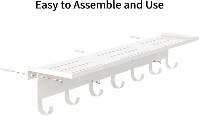 Shelf with 7 Hooks, 23 Inch Entryway Coat Rack Wall Mounted, Metal Coat Hanger with Shelf Storage Clothes, Bags, Purse for Living Room, Balcony, Closet, White
