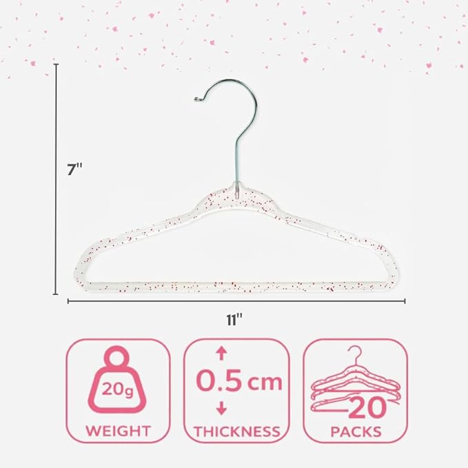 CONCEPTS 20 Pack Baby Hangers Kids Acrylic Non Slip Glitter Clothes Hangers for Toddler Infant Newborn Closet Organizer Small Hangers for Baby Clothes Pants Shirts Space Saving Nursery