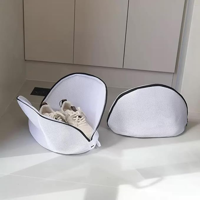 2Pcs Mesh Laundry Shoe Bag for Washing Machine, White with Black Trim, Protective Wash Bag (2, Large)