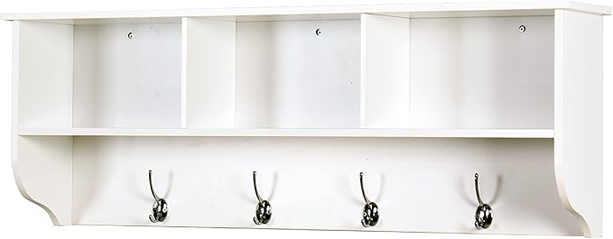 Elegant White Wooden Wall-Mounted Coat Rack with Shelf - Entryway Organizer with 4 Dual Hooks - Modern Storage Display for Home Decor, Plants, Photos - MDF Construction - 39"x8"x14"