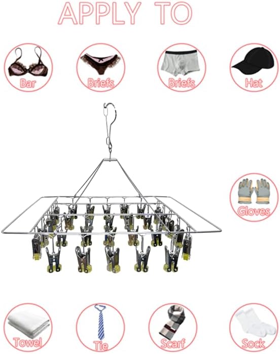 Quick Release Stainless Steel Laundry Drying Rack with Clips, Swivel Hook Wind-Proof Clothes Hanger Rack for Sock, Bras, Underwear, Laundry (Rectangle 30 Clips)