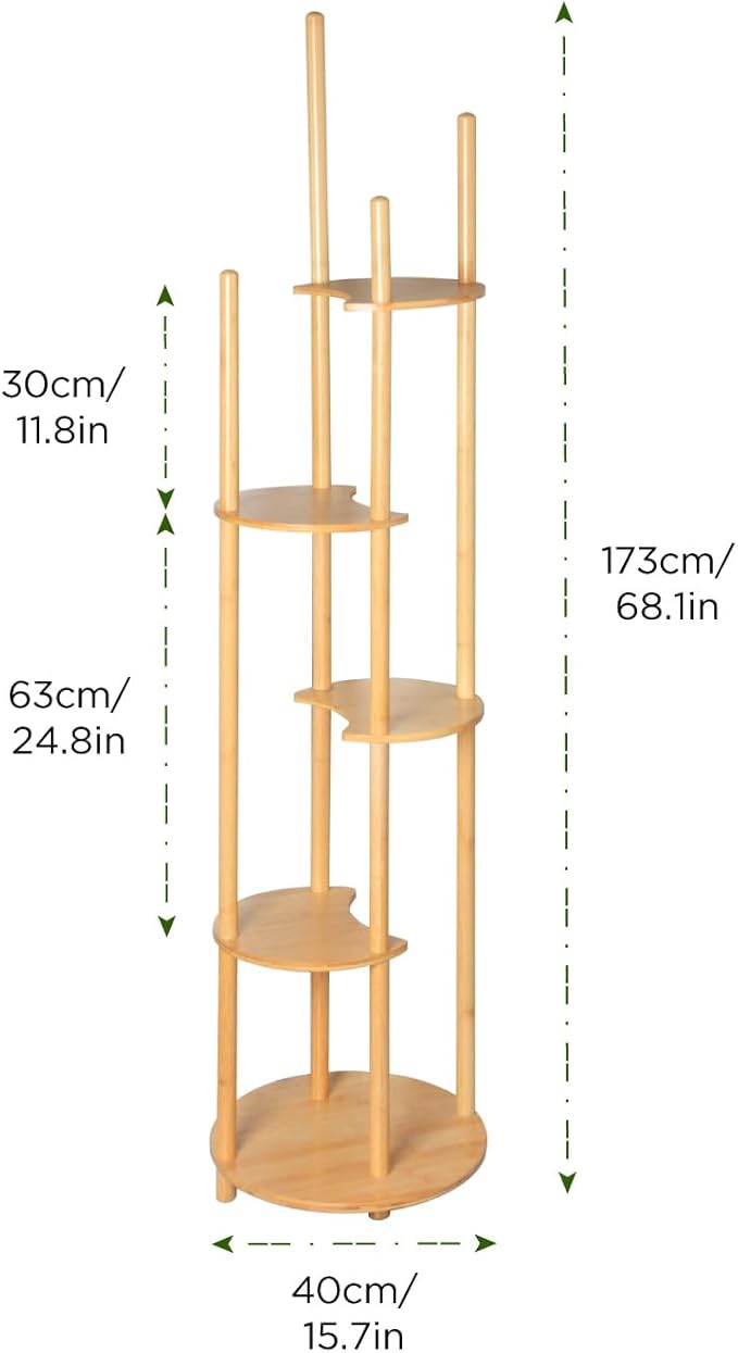 Bamboo Coat Rack Freestanding with 5-Tier Shelf, Coat Hanger Stand for Clothes/Bags/Hats, Home Office Hallway Entryway Storage Display Rack Stand with 4 Hooks 5 Storage Shelves