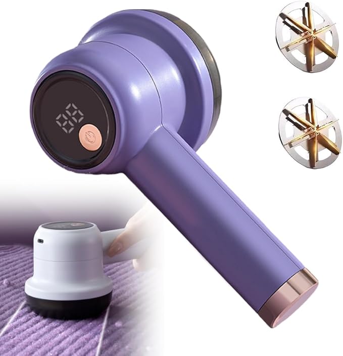 Rechargeable Fabric Shaver Lint Remover, 2025 New Electric Lint Remover Lint Shaver with Digital Display, 3-Speed Rechargeable with 6 Leaf Blades for Clothes Sweater Fuzz Furniture (Purple)