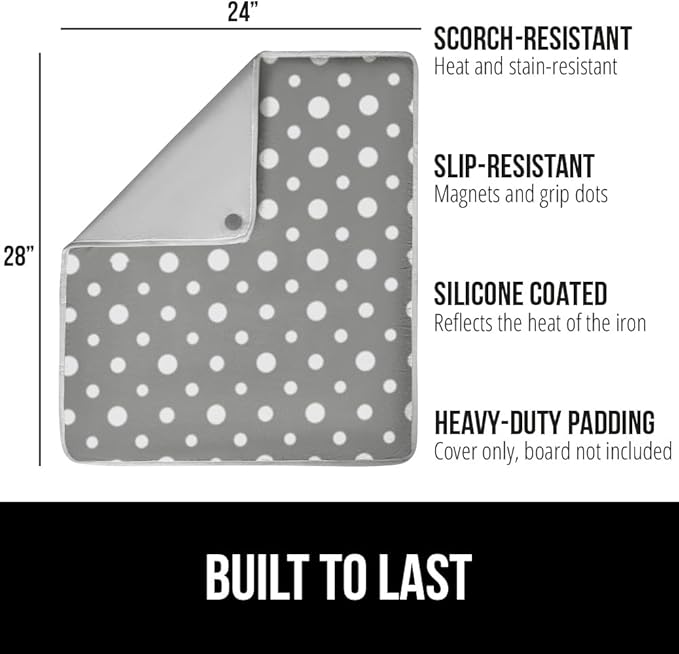 GORILLA GRIP Ironing Mat, Portable Iron Pad, Magnetic Cover for Top of Laundry Washer, Dryer, Tabletop, Countertop Padded Blanket, Silicone Coating and Scorch Resistant, Travel Size 28x24, Polka Dots
