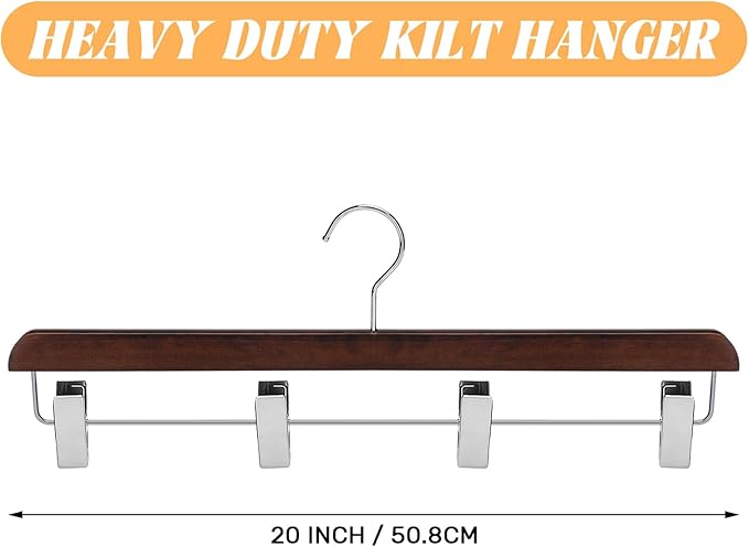 8 Pcs Kilt Hanger 20 Inches Wooden Duty Skirt Hangers with 4 Clips for Closet (Nut Brown)