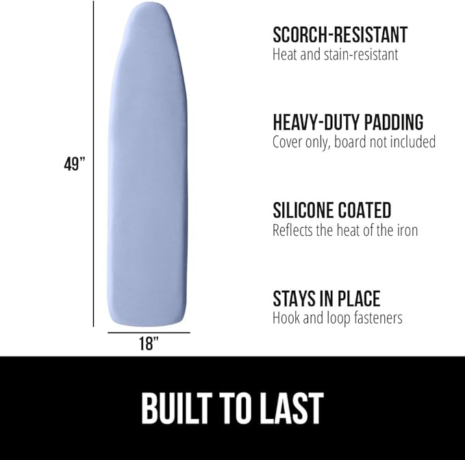 GORILLA GRIP The Original Ironing Board Cover and Pad, Silicone Coating, Thick Scorch Resistant Padding, Heavy Duty Iron Covers Standard Boards, Hook and Loop Fastener Strap, Blue, 18x49