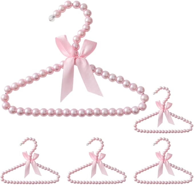 5pcs Pink Pearl Beads Small Clothes Hangers Faux Pearl Beaded Garment Hangers with Ribbon Bowknot for Pet Dog Cat Baby Clothing Trousers Jeans Skirts