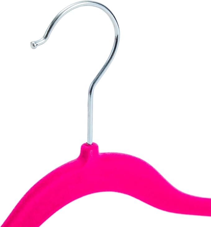 Juvale Kids Hangers with Clips - 12 in, Hot Pink, Velvet, 24 Pack - Nonslip & Space Saving Pink Hangers with Clips & 360° Swivel Hooks