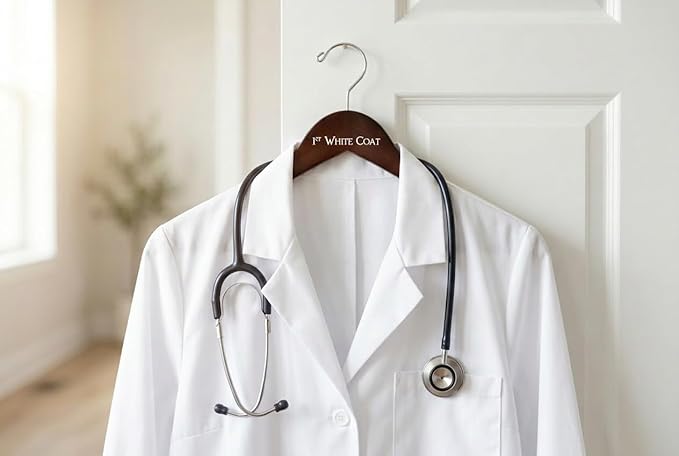 1st White Coat Hanger | Medical School Graduation Gift for Doctors, Pharmacists & Nurses | White Coat Ceremony Keepsake | Dark Walnut Engraved Wood Hanger