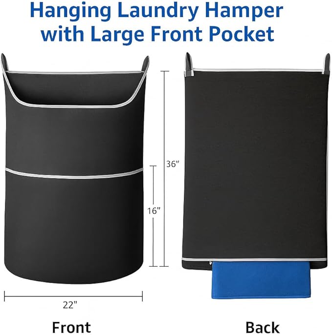 2-in-1 hanging laundry hamper Bag + Pop-up mesh laundry basket, XL Over the door bag 36x22in with bottom zipper & front pocket, 600D Oxford, space-saving, foldable, hooks for home, dorm, RV & travel
