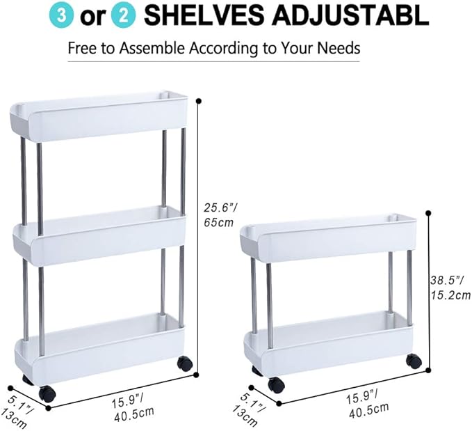 3-Tier Slim Mobile Shelving Unit on Wheels, Slide Out Rolling Bathroom Storage Organizer, Utility Carts Shelf Rack for Kitchen Bathroom Laundry Room Narrow Places, White